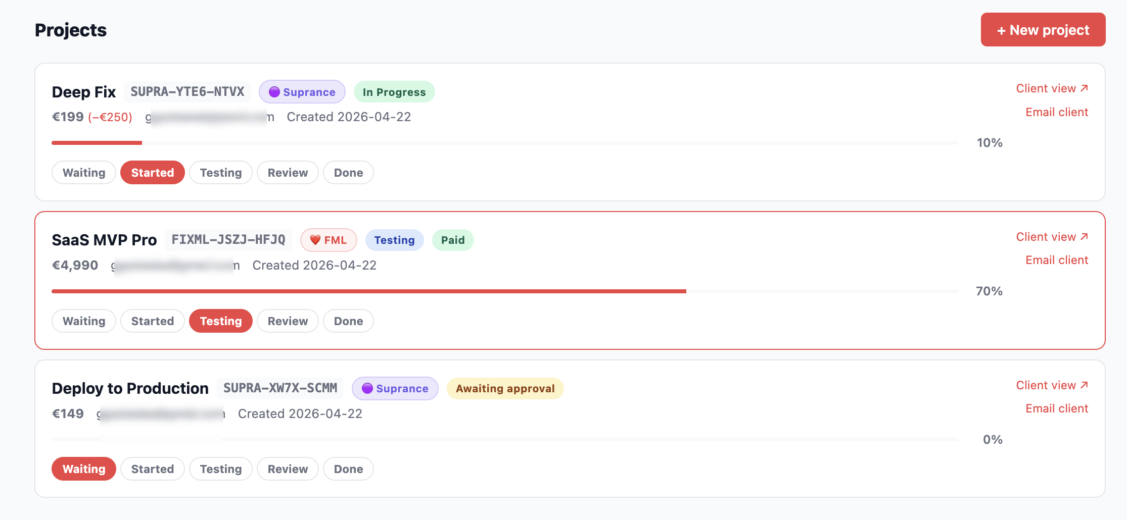 Suprance admin panel showing client projects with progress bars and stages